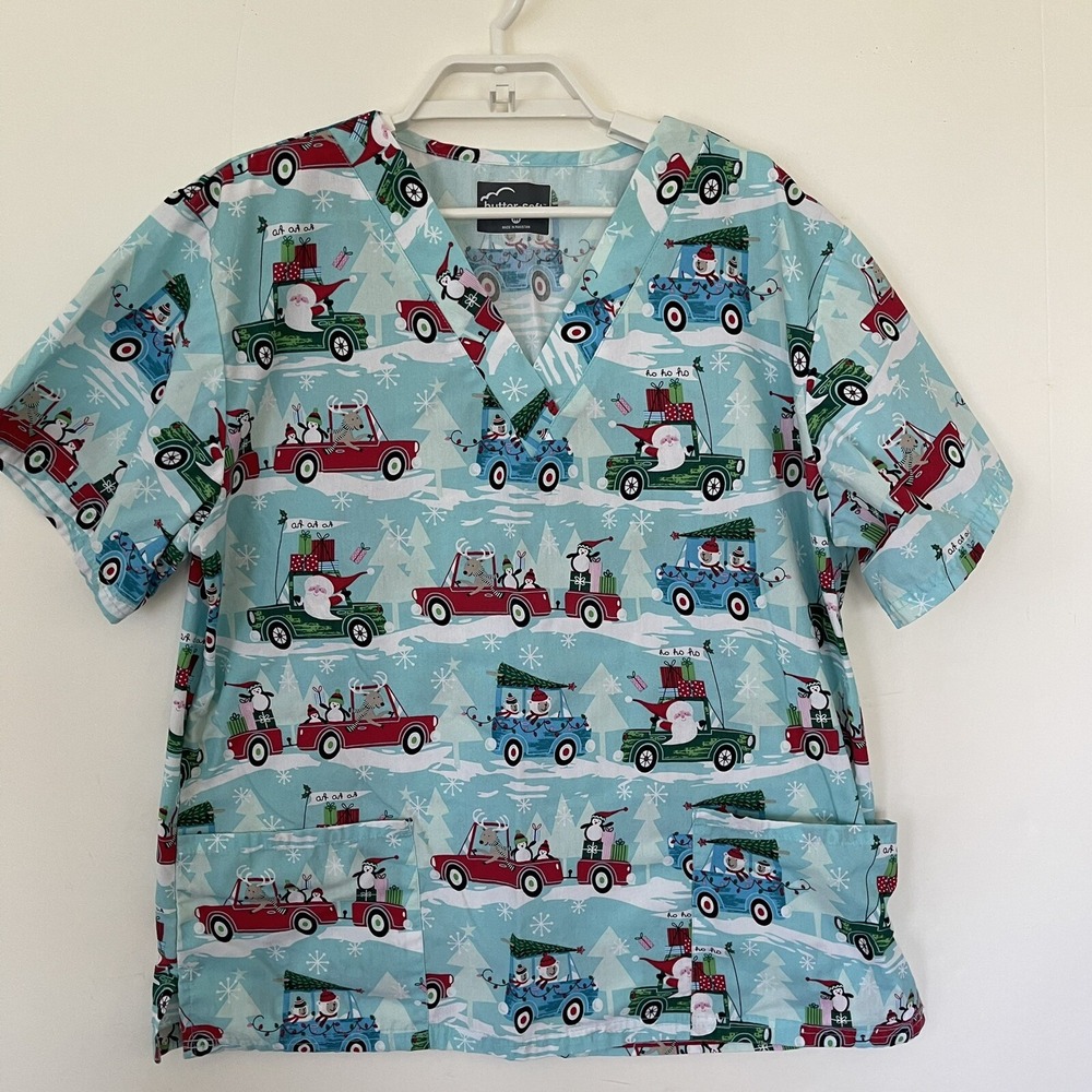 Butter Soft Scrub Top Womens Medium Blue Christmas Reindeer Nurse Medical